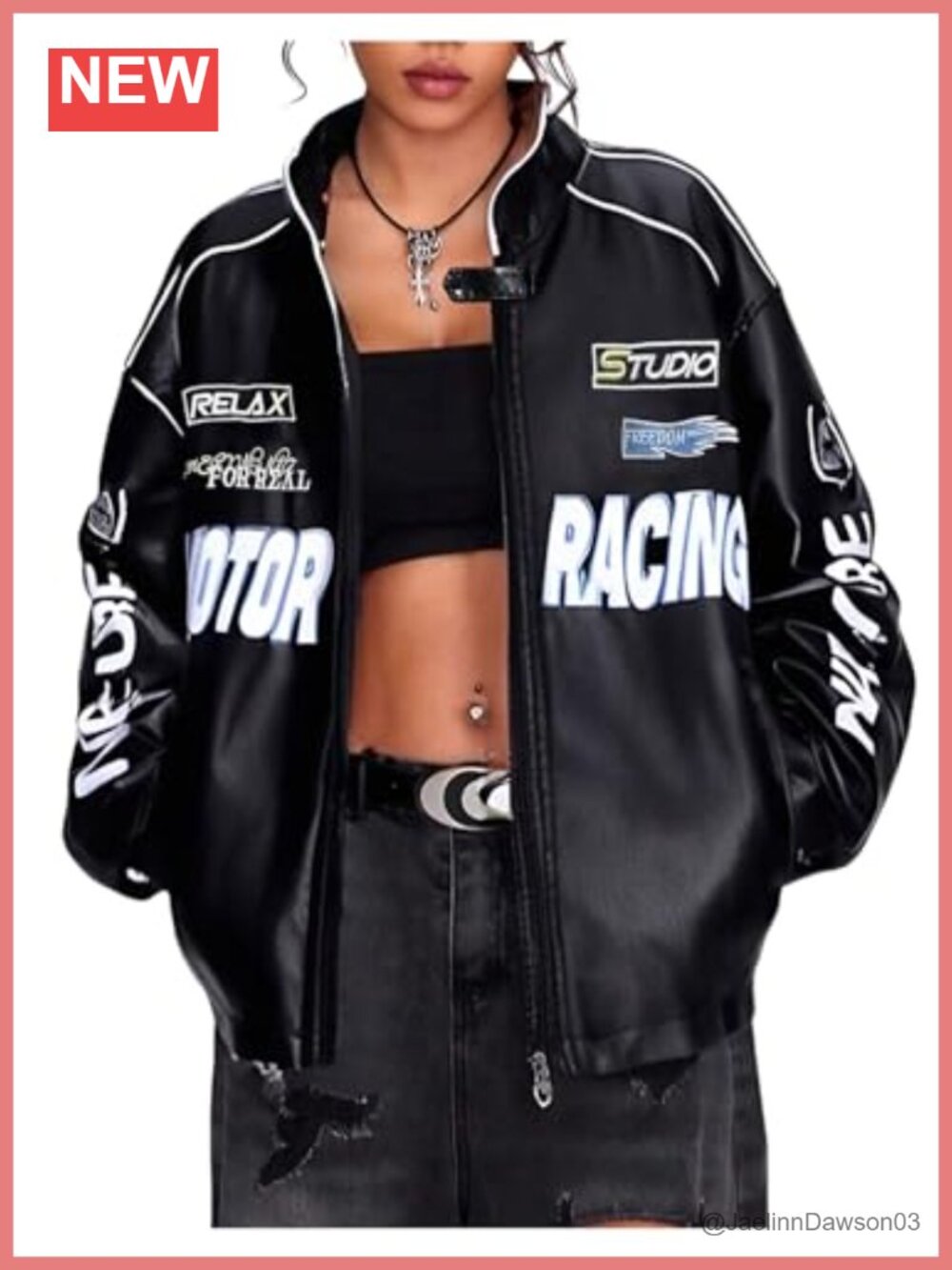 Women's Faux Leather Graphic Racer Jacket Oversized Zip Moto Streetwear Coat